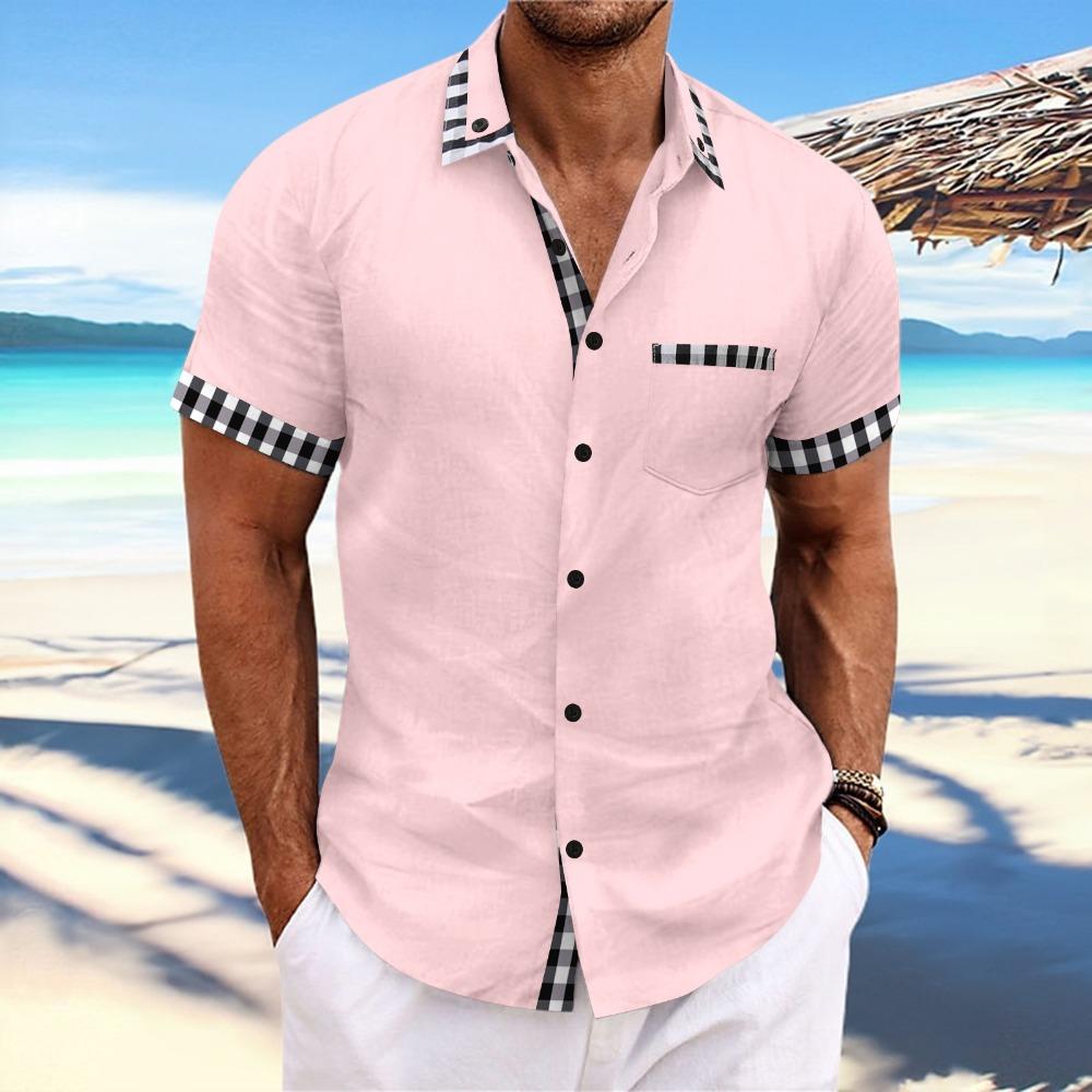 Summer New European and American Men's Beach Casual Pocket Patchwork Lapel Short Sleeved Shirt