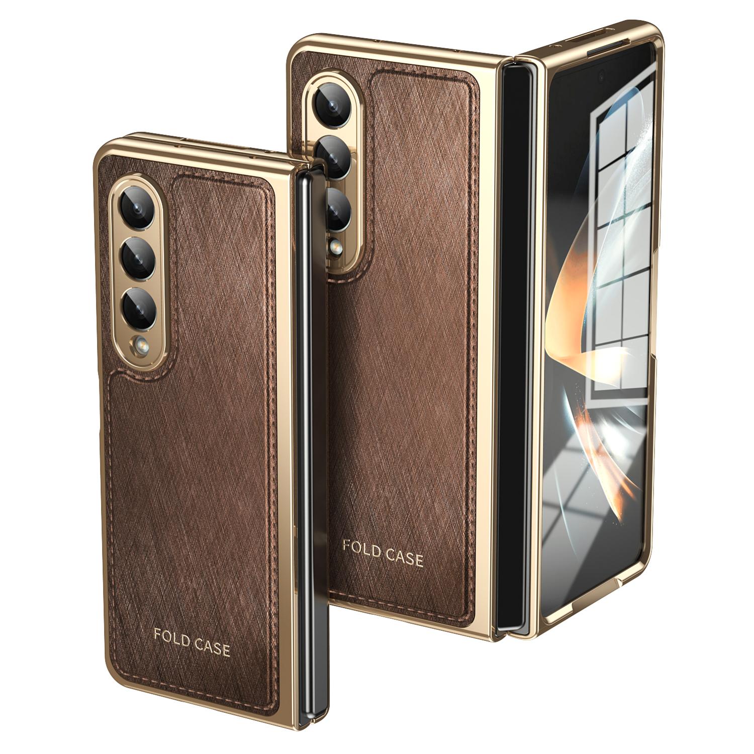 

For Samsung Galaxy Z Fold3 5G Case PU Leather Coated PC Electroplated Phone Cover Built In Screen Protector Brown