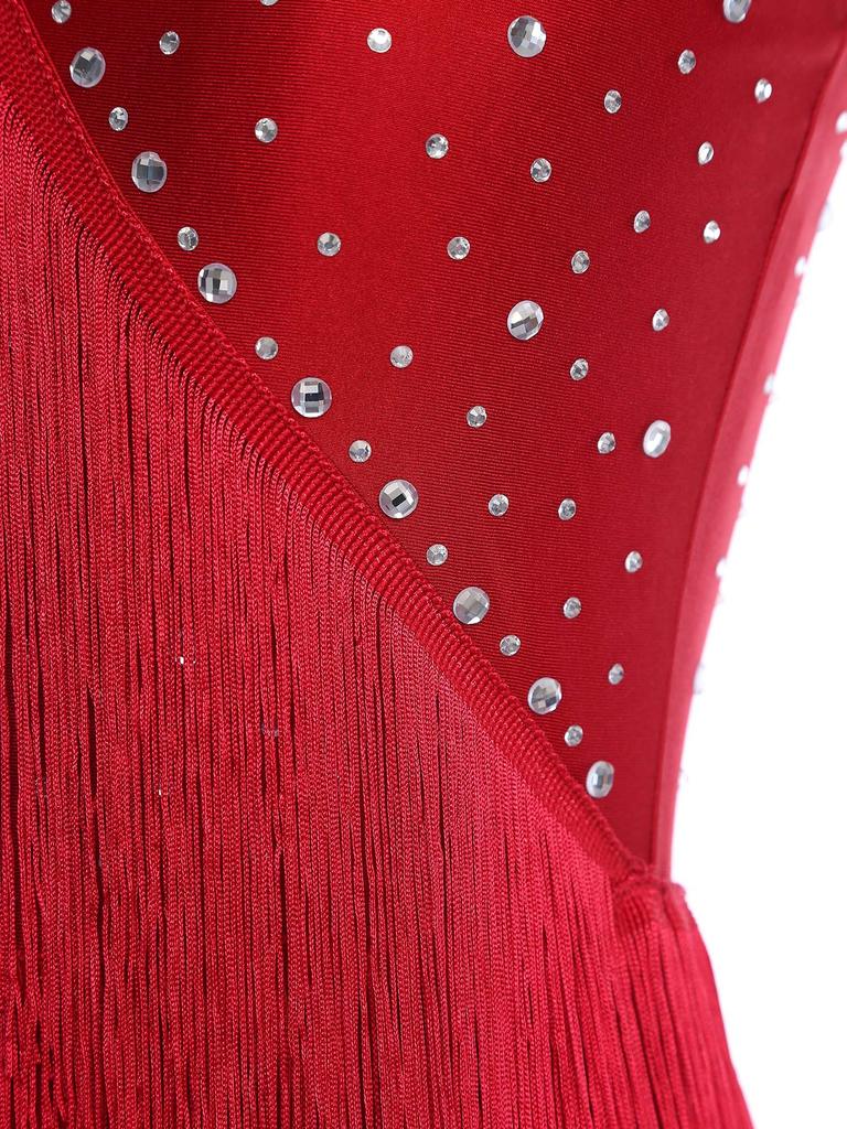 Women Dance Jumpsuit Halter Neck Sleeveless Spark Rhinestones Fringed Strappy Back Latin Dance Costume