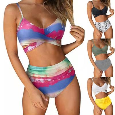 2Pcs/Set Printing Swimsuit Sexy Wire Free Front Cross Bikini Set for