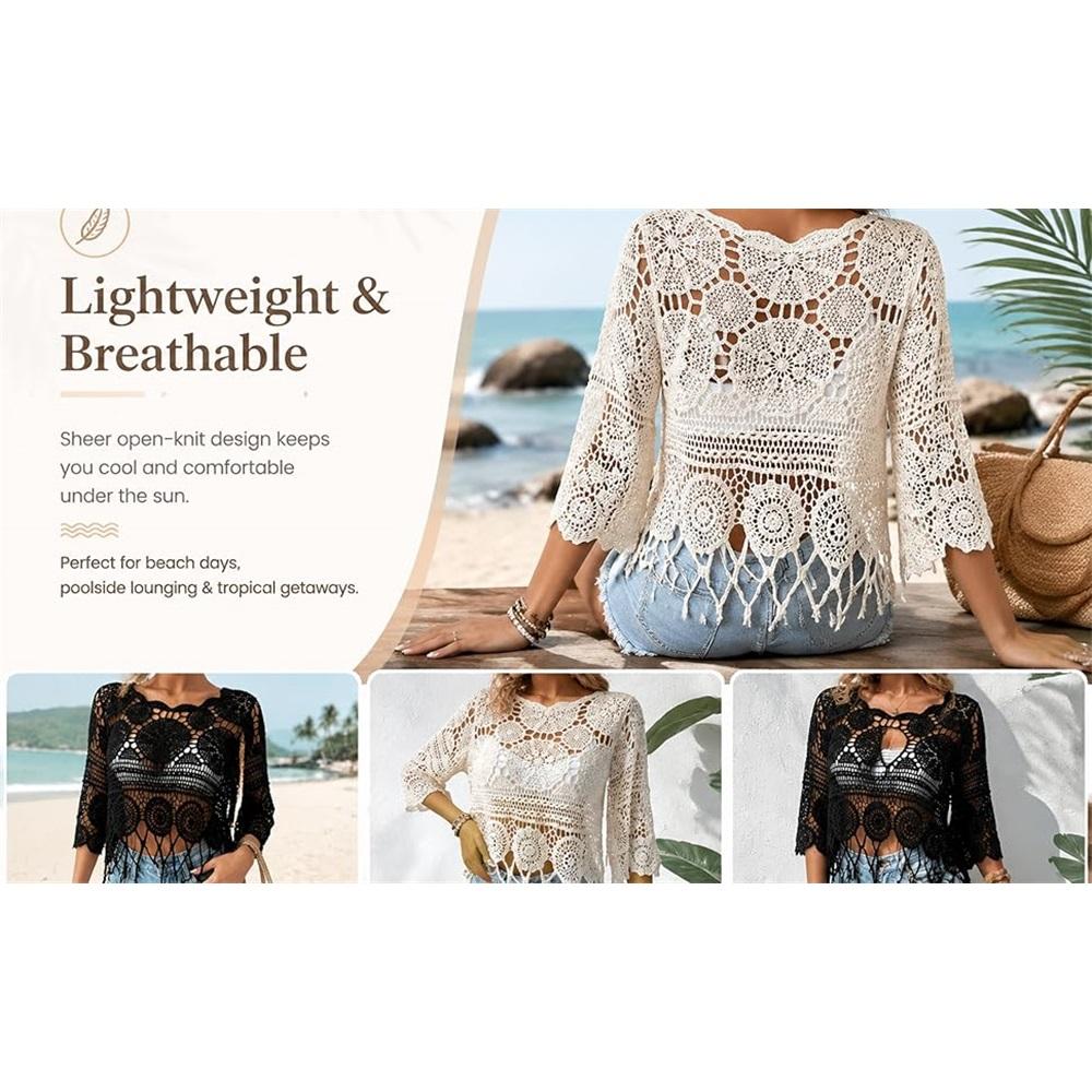 Damen Uni Fransen Cut-Out Durchsichtiges Überwurf-Boho Muschelsaum 3/4 Ärmel Strand Sarong für Urlaub Pool