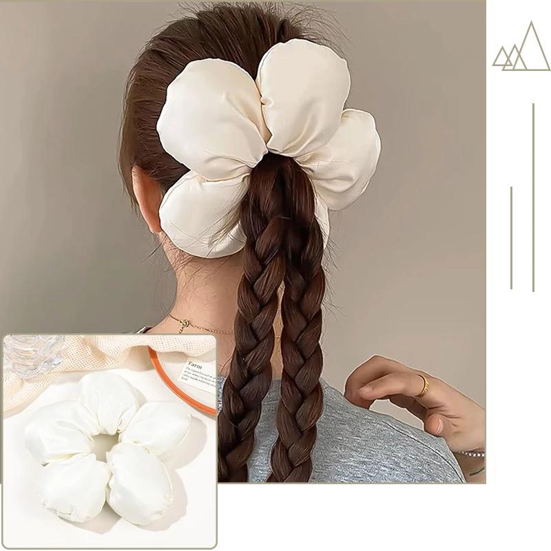 Weiches Kissen Elastisches Haarband Scrunchie für Frauen Luxus Design Große Blume Gefüllt Baumwolle Einfarbig Satin Pferdeschwanzbinder Accessoires