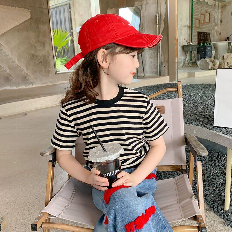 Girls' Short Sleeved T-shirt Striped Summer Children's Korean Summer Outfit Half Sleeved Girls' Thin Top T-shirt