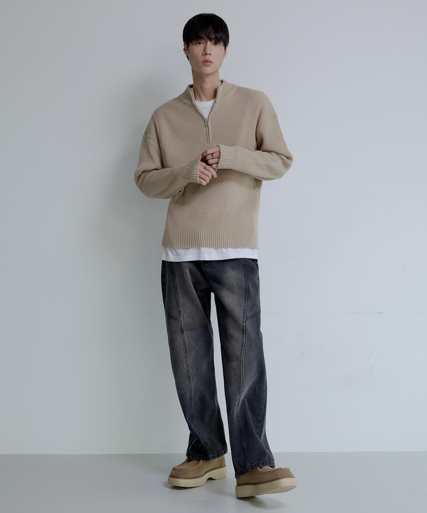 NODU Quarter Half Zip Ribbed Knit [Beige]