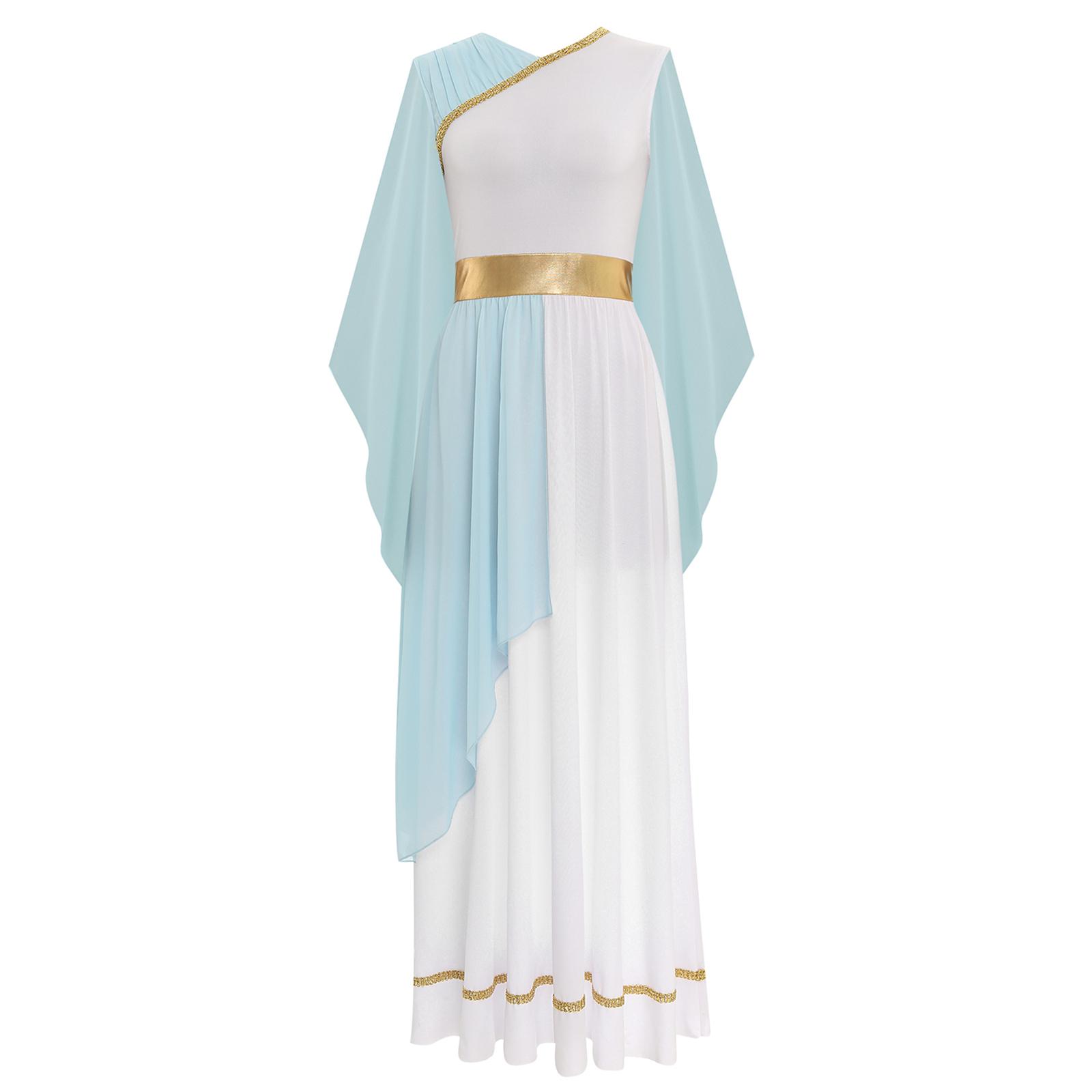 

Womens Ancient Greek Toga Dress Gold Trims Chiffon Cap Sleeve Design Halloween Cosplay Roman Queen Costume S світло-синій колір