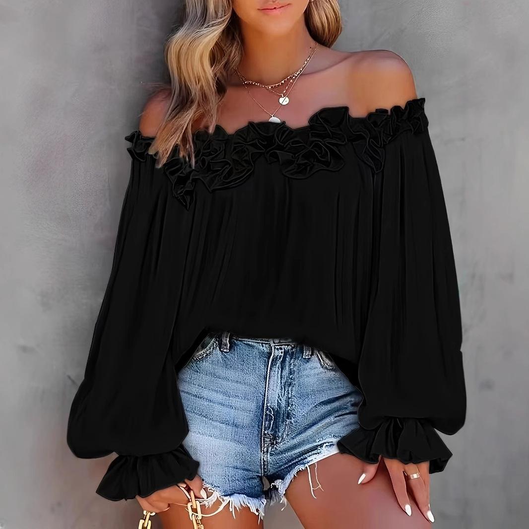

Женская повседневная однотонная свободная футболка с открытыми плечами и оборками на рукавах большого размера 4XL чёрный
