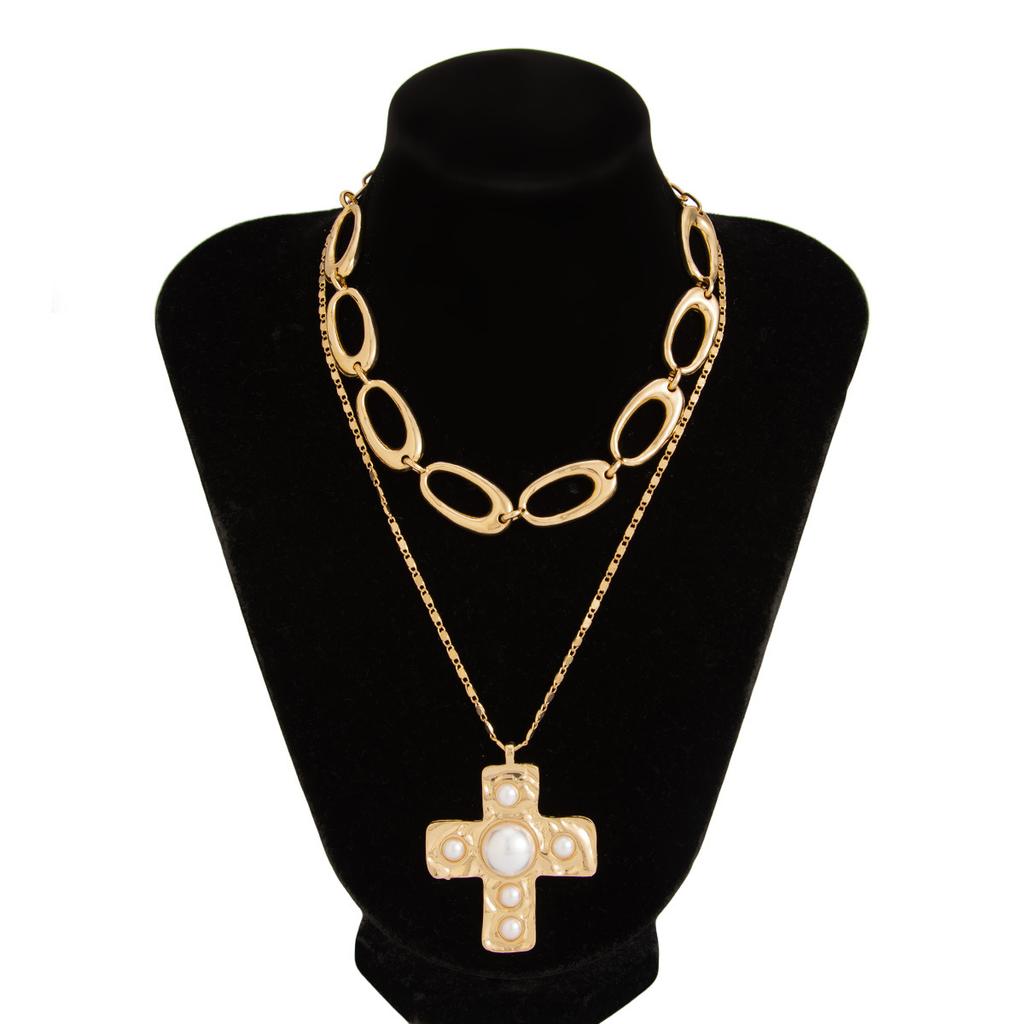 Creative Design Gold Color Multi-layer Cross Pendant Necklace Woman Temperament Clavicle Chain Jewelry Imitation Pearl Necklace
