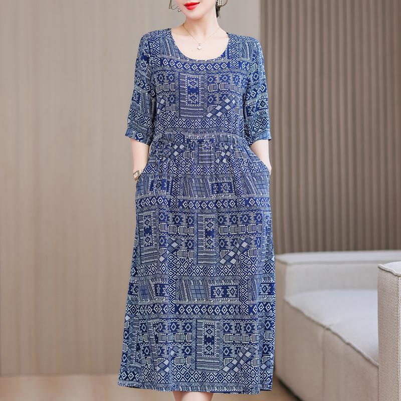 Casual Summer Women's Dresses  Plus Size Half Sleeve Vintage Print Long Dress Female