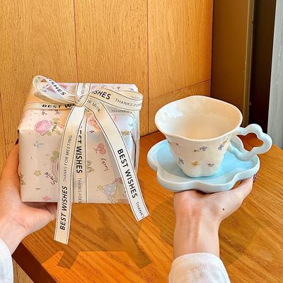 Ins Cute Hand-painted Flower Coffee Cup and Saucer Set Ceramic Mug Gift Box High-end Bridesmaid Souvenir