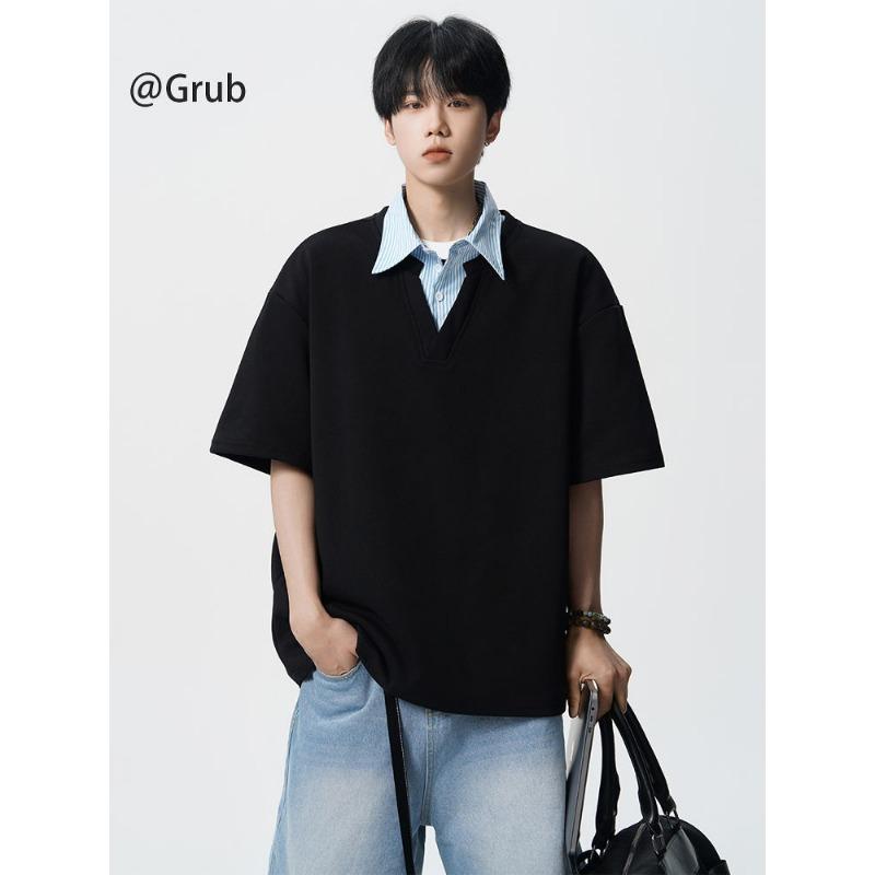 

Korean Fake Two-piece Short-sleeved T-shirt Men Summer Trendy Brand Collar Loose Top 3XL сірий