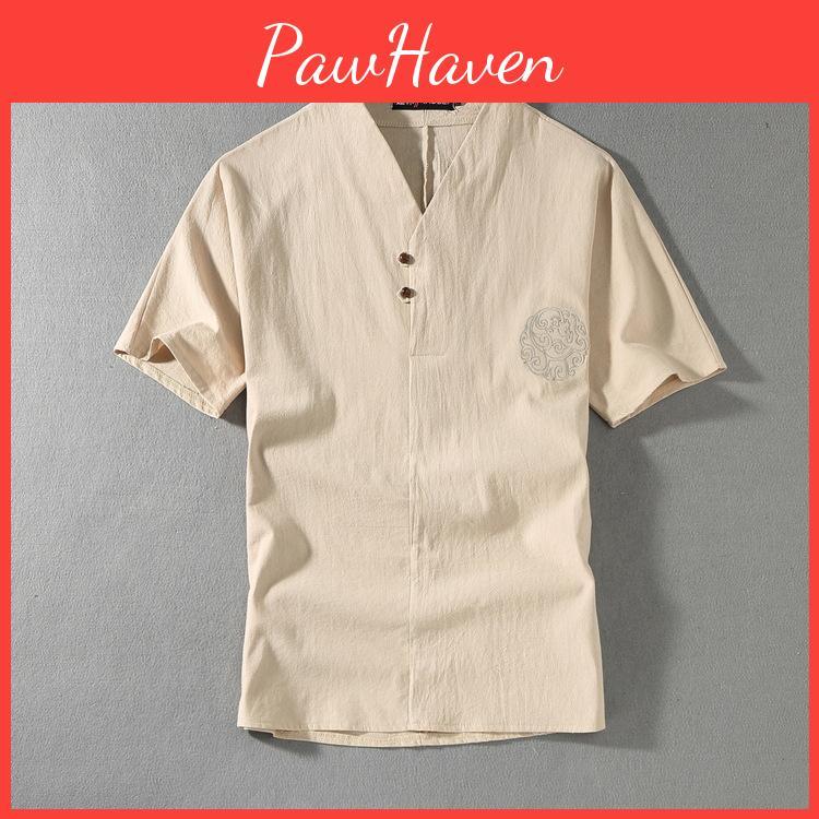 Traditional Shirts Men Men Summer Chinese Garments Short Sleeve Tops Men Linen Shirts Summer Casual Short Sleeve Oversize Big Size Large V Neck