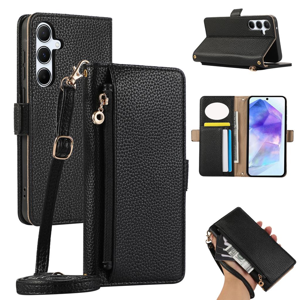 For Samsung Galaxy A55 5G Wallet Phone Case Shockproof TPU+PU Leather Flip Cover with Mirror,Strap