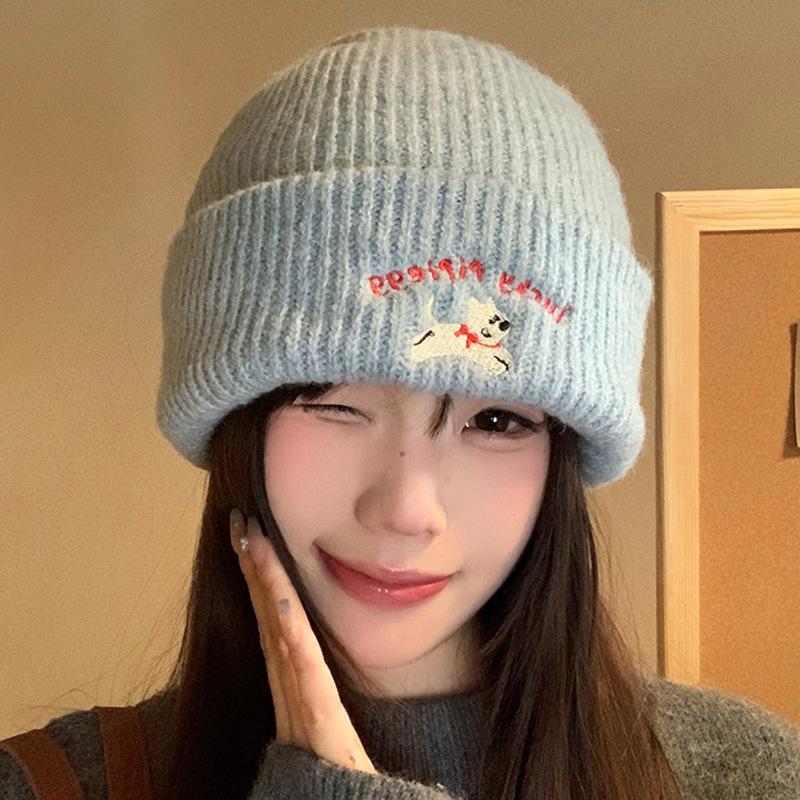 Cute puppy embroidered knitted wool hat women's 2025 new season face small versatile big head circumference hat