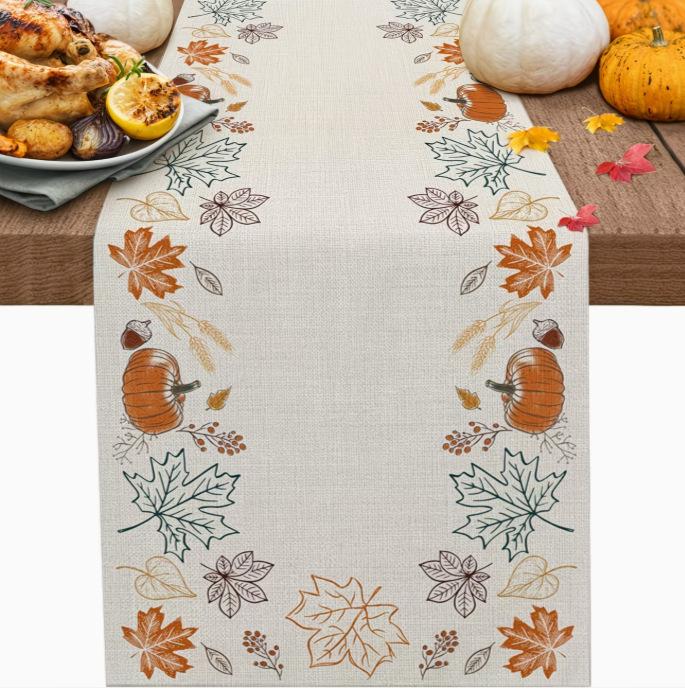 Autumn Leaves Pumpkin Table Runner: Linen Thanksgiving Decoration for Kitchen & Dining