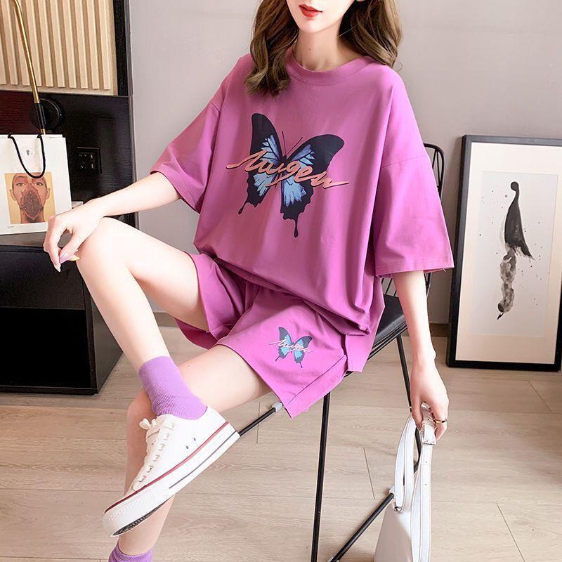 Casual Butterfly Print Short Sleeve Women's Set Loose Shorts Two-Piece Fashion Summer Wear Comfortable Versatile Outfit