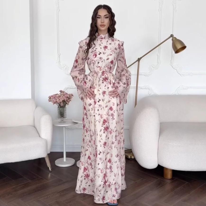 Rochie lungă franceză slim fit cu guler semi-înalt și mâneci evazate, cu imprimeu floral, pentru femei, Toamna 2025