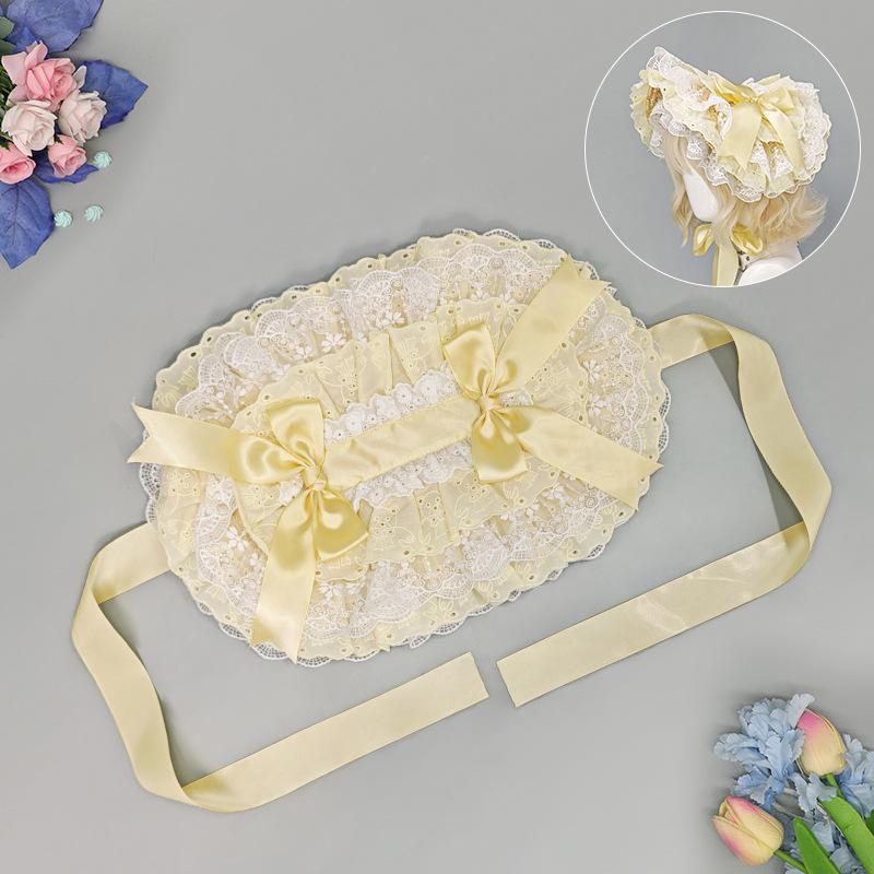 Japanese-Style Lace Lolita Straw Hat Vintage Garden-Style Y2K Headwear Woven Flat Hat Bonnet Sun Hat with Straps Gift for Girl