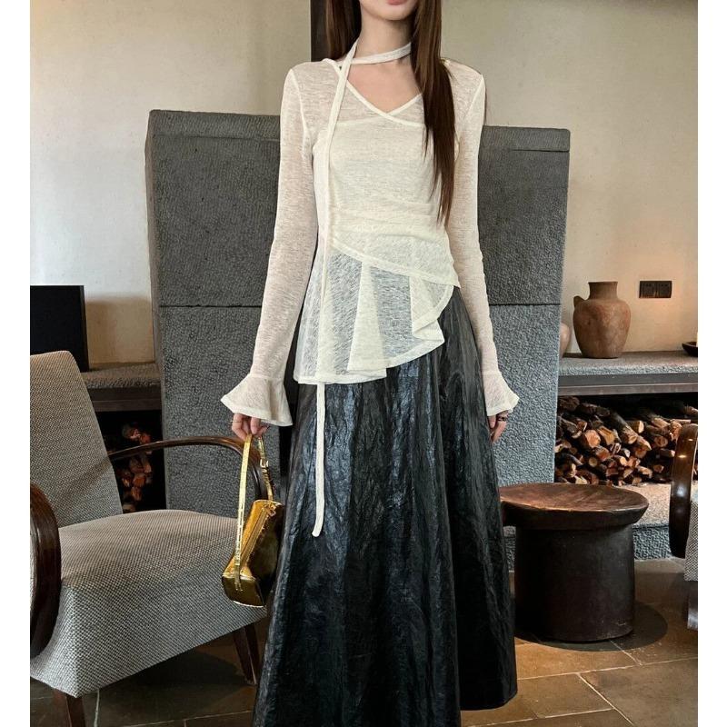 Autumn New Design Irregular Waist T-shirt Niche Elegant Ribbon Top for Women