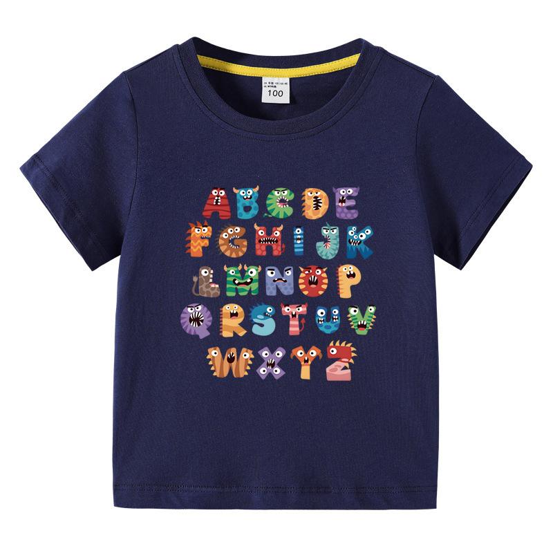 Boys Girls TShirt 26 Letters Print Black 100 Cotton Short Sleeve Tee Soft Casual Summer Tops for Kids Children