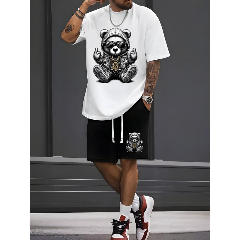 

Steel Bear Print Men s Short Sleeve Casual Track Top and Pants Set 6XL