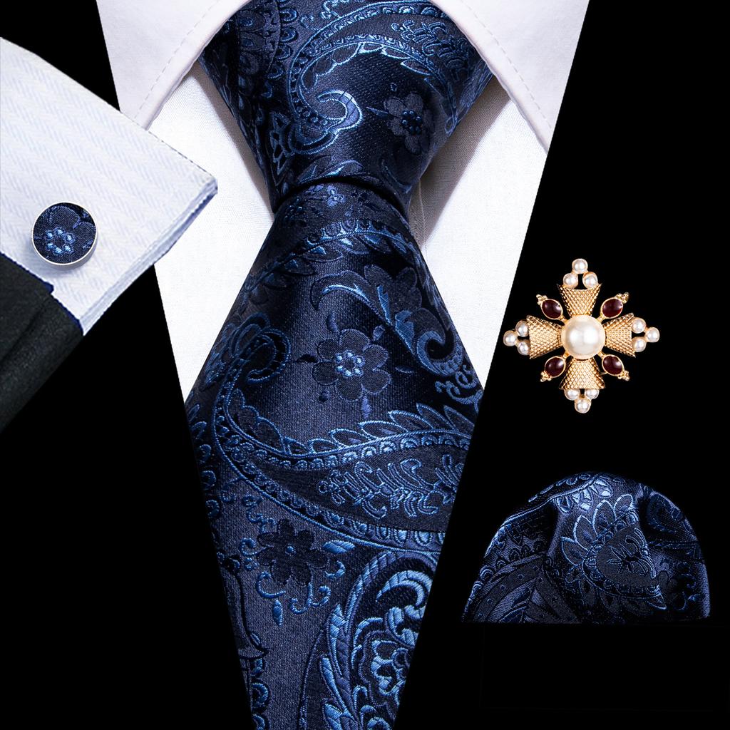 Pearl Brooch with Silk Tie for Men Vintage Floral Teal Necktie Hanky Cufflinks Gift Formal Set