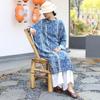 Johnature Women Vintage Stand Print Floral Dress Bat Sleeve Spring Blue A-Line Button Dresses