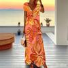 Women Plus Size Short Sleeve V Neck Maxi Dress Coral Diagonal Leopard Splicing Print Loose Summer Beach Long Dress