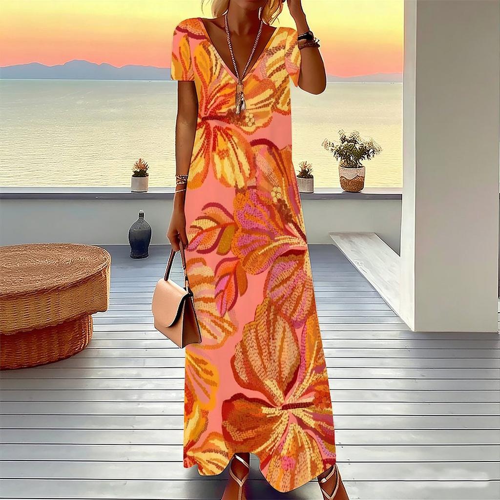 Women Plus Size Short Sleeve V Neck Maxi Dress Coral Diagonal Leopard Splicing Print Loose Summer Beach Long Dress