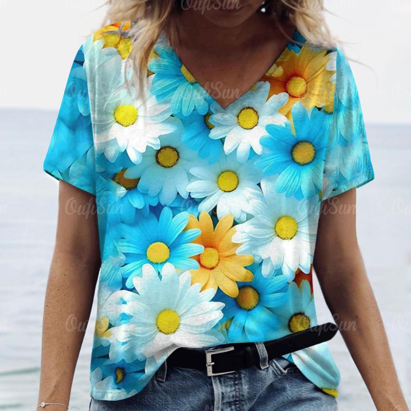2025 Women T shirt Summer 3D Floral T-Shirt Plus Size Women's Clothing Oversized Designer Short Sleeve Shirt Women V Neck Blouse