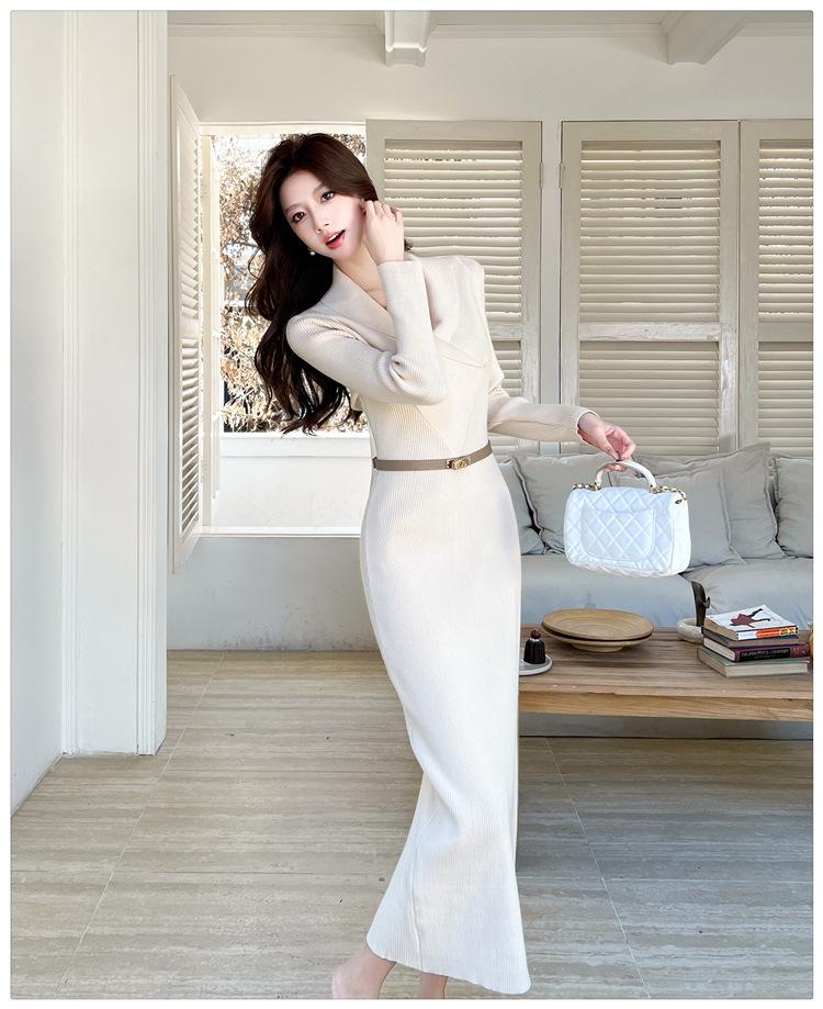 Elegant French Knit Bodycon Dress: Autumn/Winter Long Sleeve Wool with Lapel