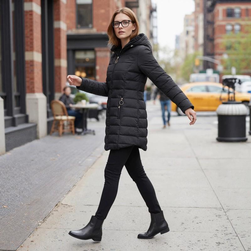 Womens Hooded Mid-Length Puffer Coat Slim Fit Warm Cotton Jacket Winter Streetwear