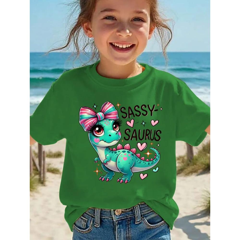 Girls' Kawaii Cartoon Dinosaur Graphic T-Shirt Cute Pink Bow Hearts Print T-Shirt Kids Short Sleeve Tee Y2k Children's Clothing