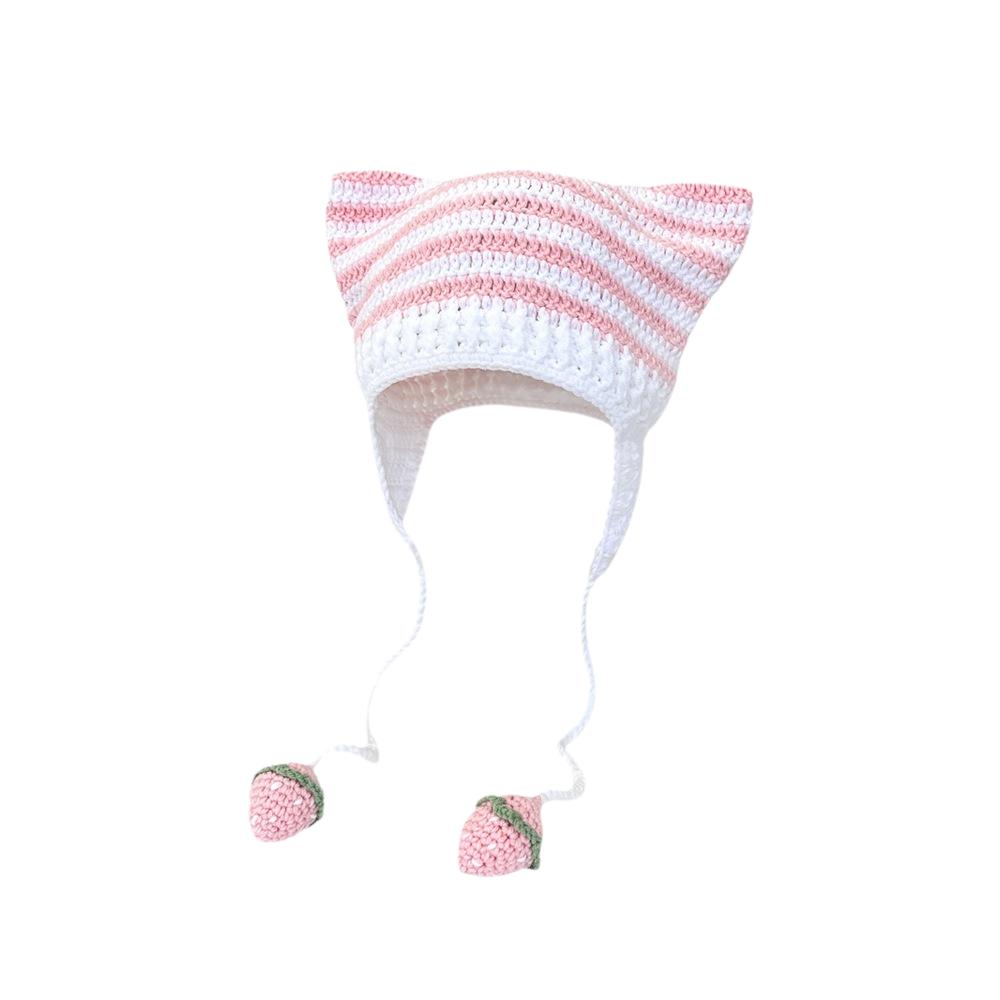 

Versatile Hat Style Sweet Striped Cat Ear Womens Warm Knitted Hatscaps рожевий