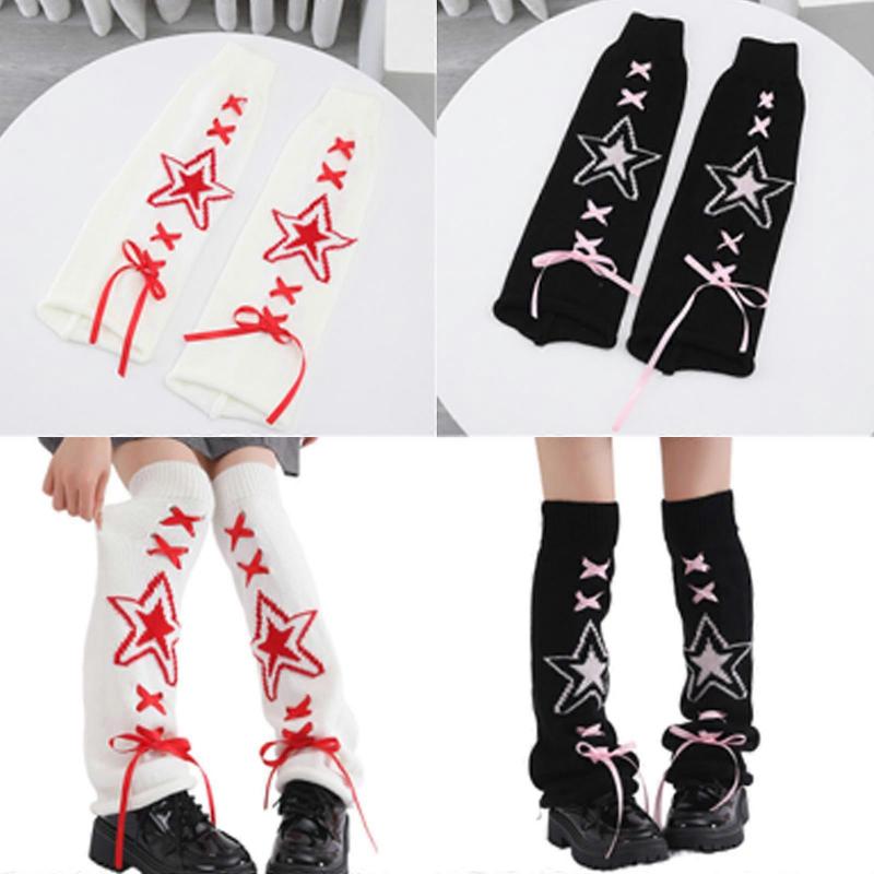 Punk Grunge Damskie Dzianinowe Pokrowce na Nogi ze Wzorem Gwiazd Japońskie Słodkie Wstążki Kokardki Ocieplacze na Nogi Rozszerzane Skarpety do Kolan