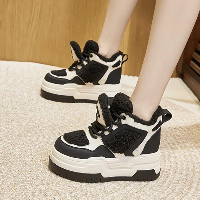 Fashion 8CM Down Leather High Top Women Shoes Warm Winter Chunky Sneakers Platform Boots Ankle Wedge Hidden Heel Autumn