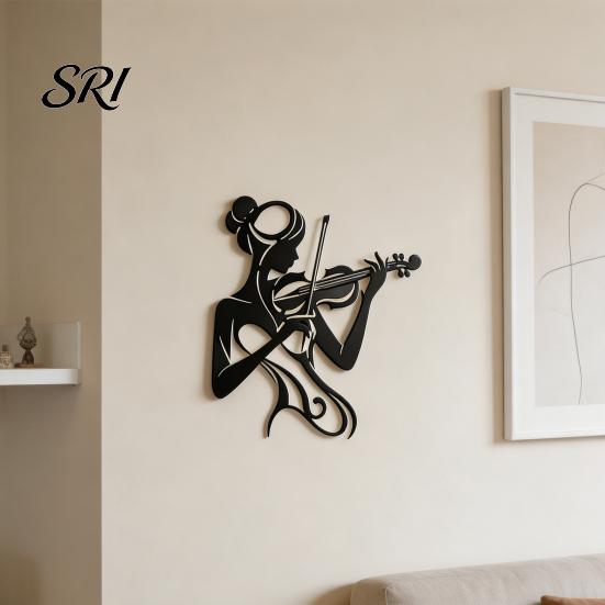 Small Wall Art 30x26cm Music Black 2D Flat Woman Playing Violin Silhouette Metal Piano Room Sculpture Feminine Decor for Studio Housewarming