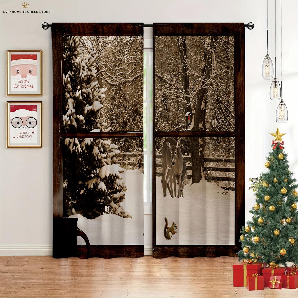 2pcs Snowflake Santa Claus Christmas Decorative Curtains Holiday Party Decorative Curtains New Year Gifts Machine Washable