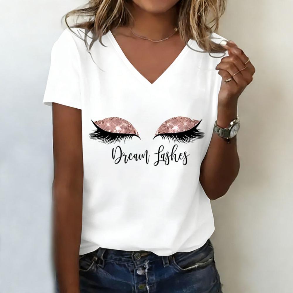 Fashion T-shirt V Neck Casual Fashion Y2k 90s Eyelashes Printed T Shirts Women Short Sleeve Tee Shirt V-Neck Summer Spring S