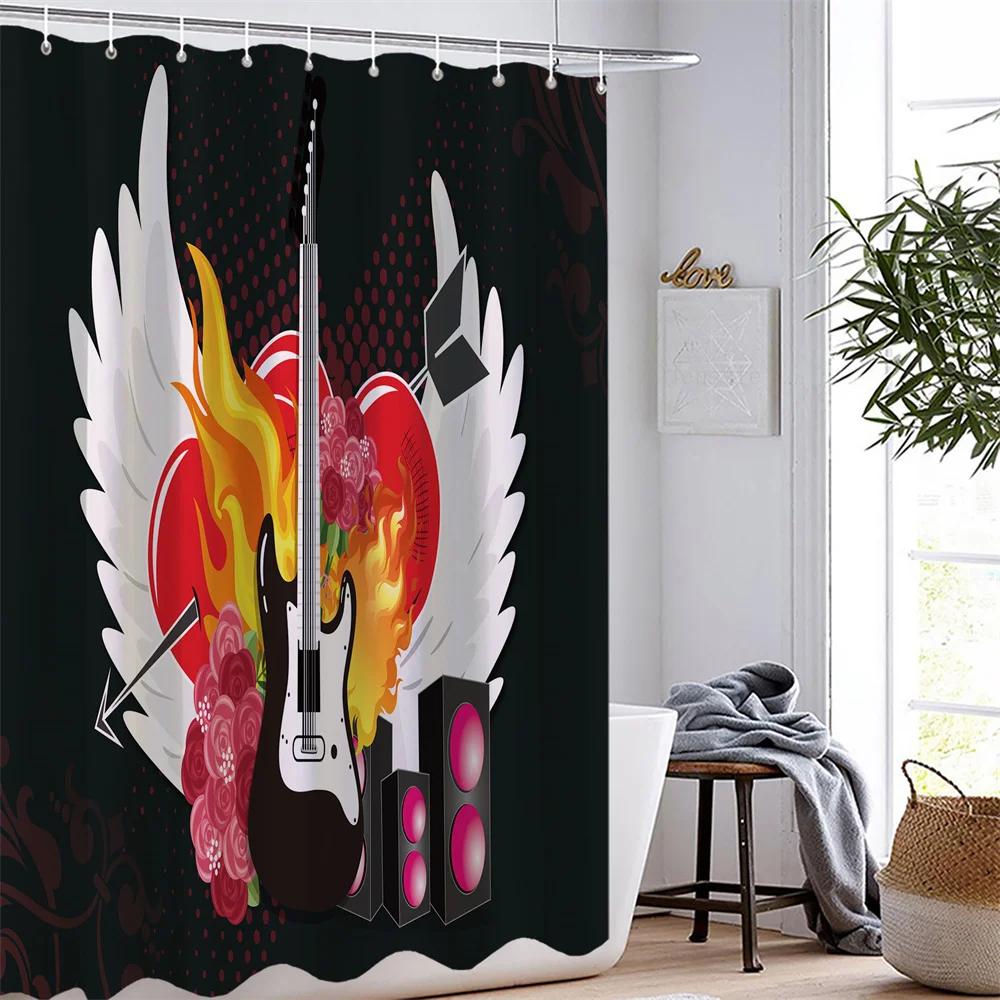 Music Shower Curtain Colorful 3D Printing Waterproof No Punching Polyester Shower Curtains Simple Installation Bathroom Hooks