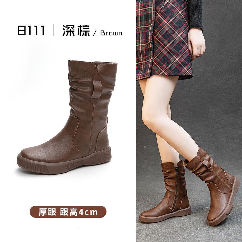 

European and American simple and versatile leather Martin boots women s autumn and winter brown medium boots breathable and warm thick heel thick-so 35