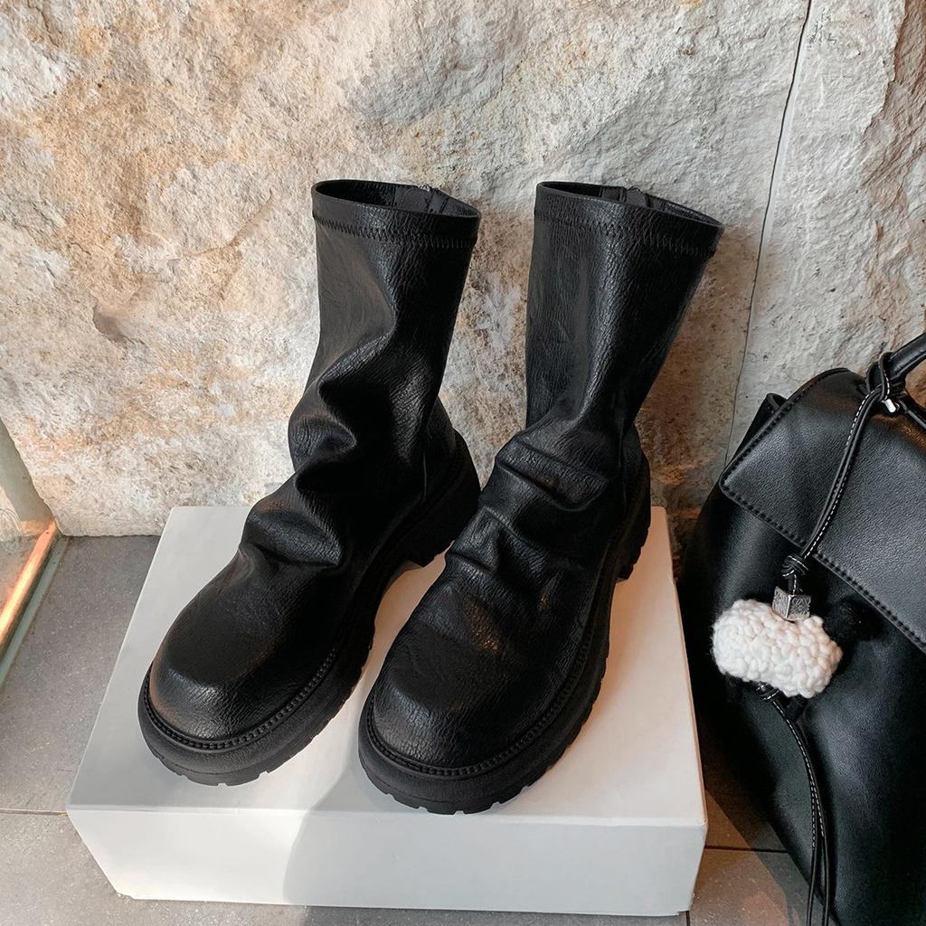 Grape mother winter new pleated stacking boots casual style Korean version knight boots comfortable soft leather retro short boots