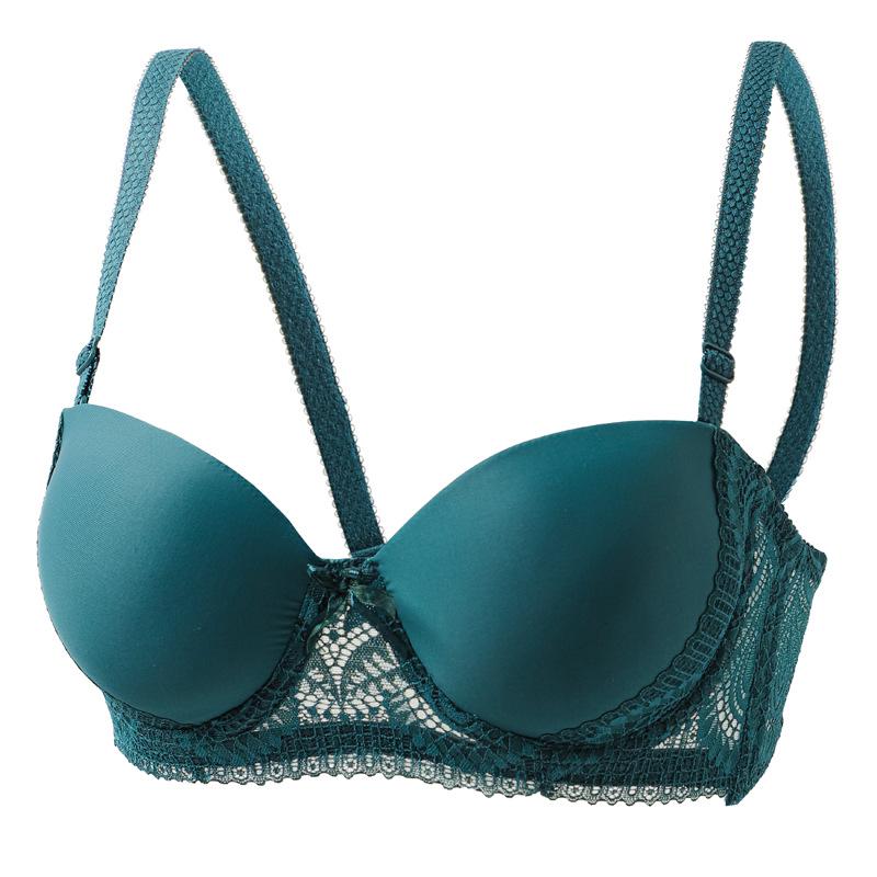 Sexy Lace Smooth Fabric Push-Up Underwire Bra with Anti-Sagging Side Support 36/80B темно-зеленого
