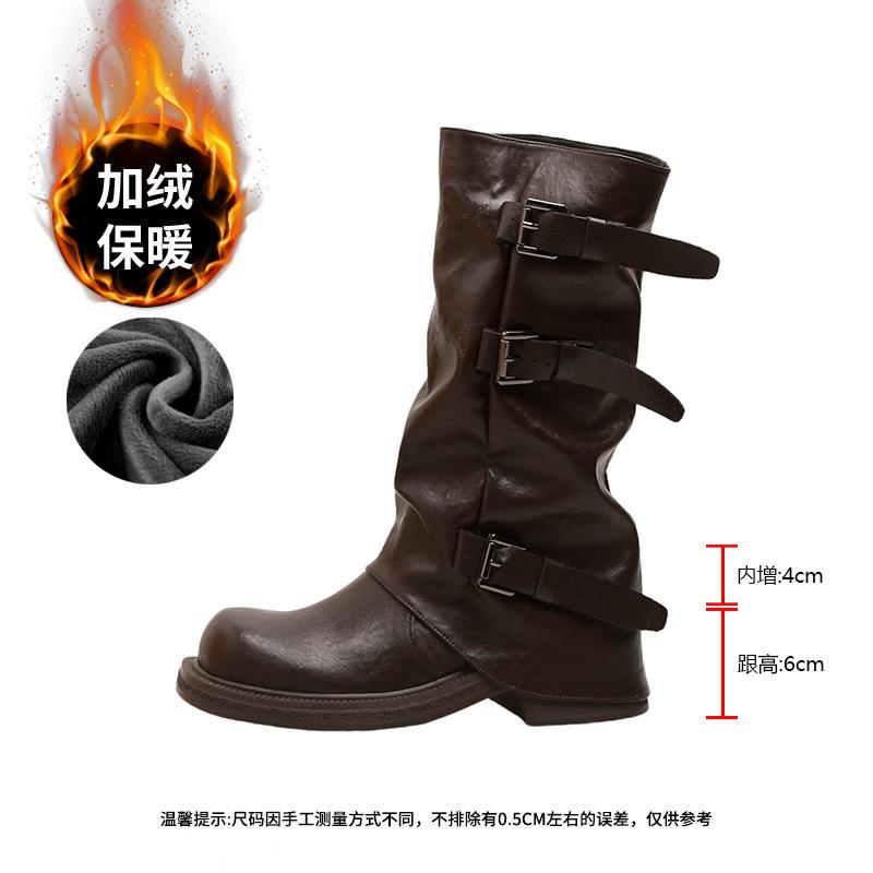 ~ Belt Buckle Square Round Head Pleated Medium Tube Knight, Autumn and Winter Pleated Stacked Pants Tube Women's Boots
