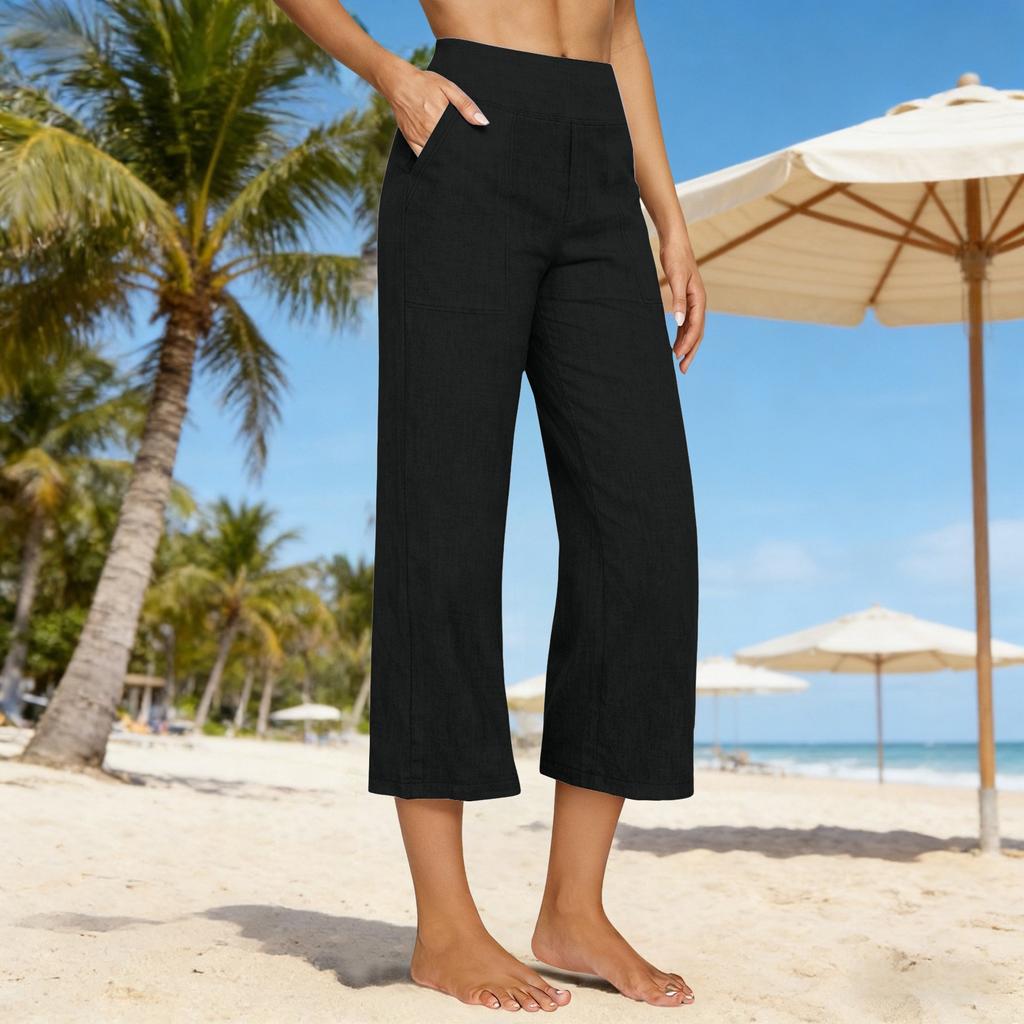Women's Fashionable Loose-Fit Pocket Cotton-Linen Blend High-Waisted Wide-Leg Pants Casual Cropped Trousers