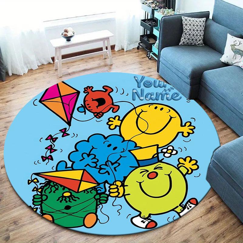Mr. Men Little Miss Custom Name Round Area Rug,Carpet Rug for Living Room Bedroom Sofa Playroom Decor,Non-slip Floor Mat