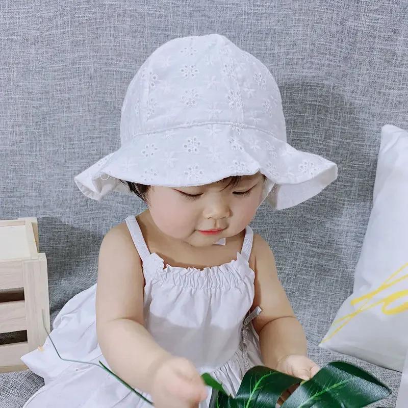 Summer Outdoor Baby Bucket Hat Embroidery Flower Bow Fisherman Sun Hats For Infant Girls Princess Breathable Beach Cap