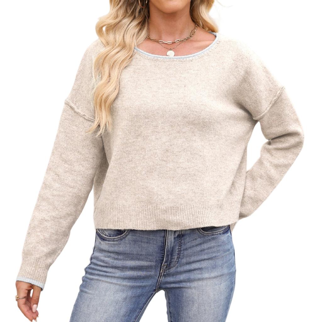 Women's Round Neck Colorblock Knitted Loose Versatile Pullover Sweater
