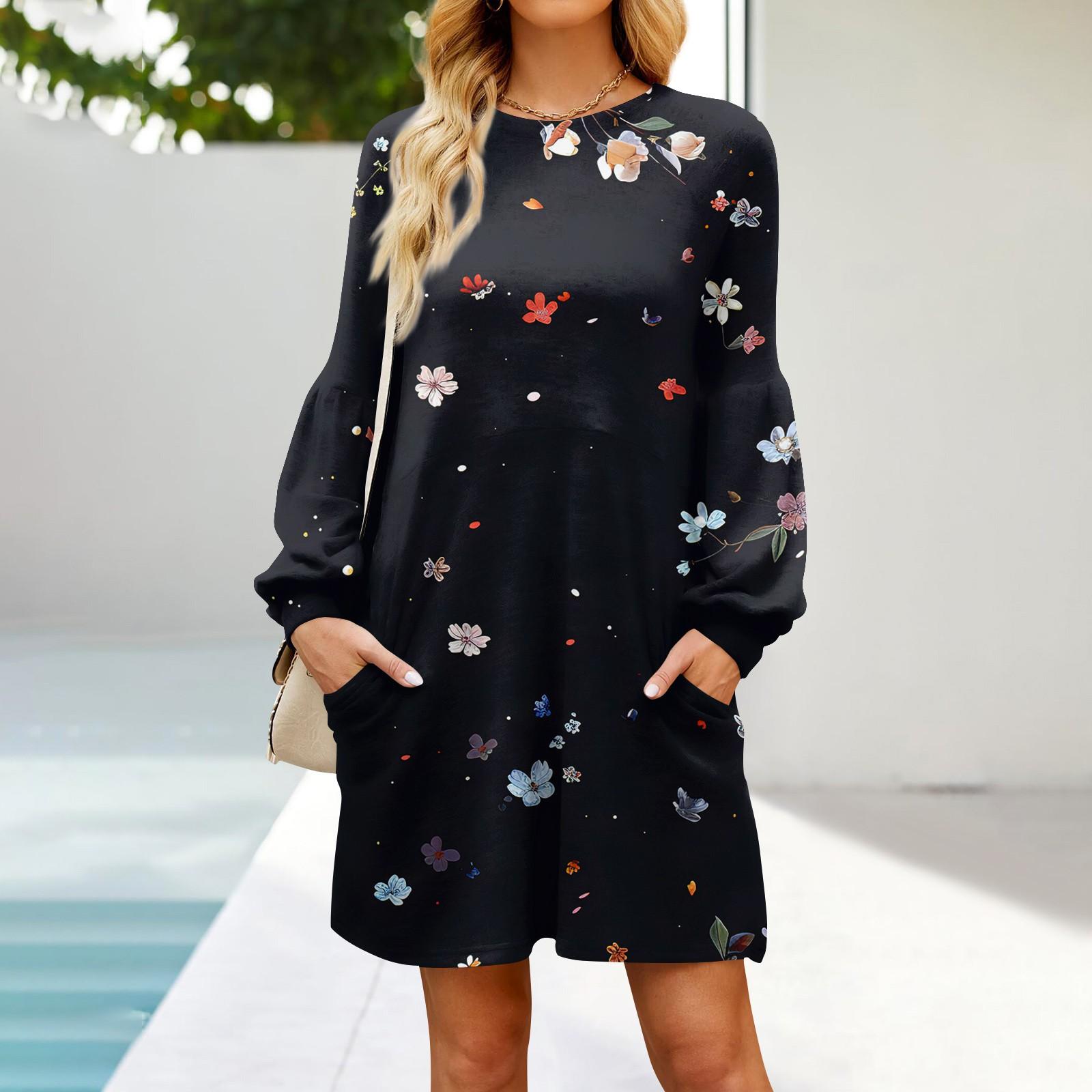 

Fashion Womens Long Sleeve A Line Dress Fall Casual Pullover Crewneck Loose Fit Dress With Pockets XL чорний