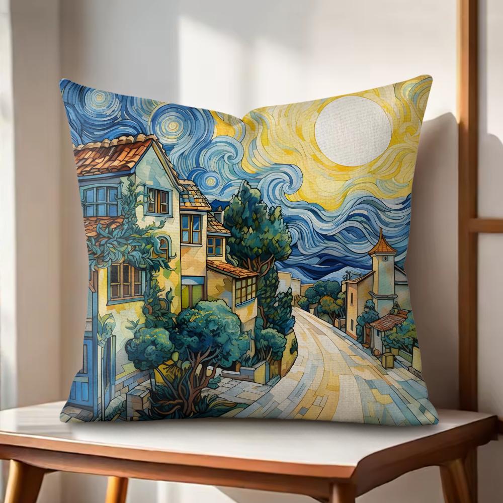 VanGogh oil paintings Cushion Cover Natural Linen Organic Fabric DoubleSided Printing Couch Pillow Covers Home Decor Gift