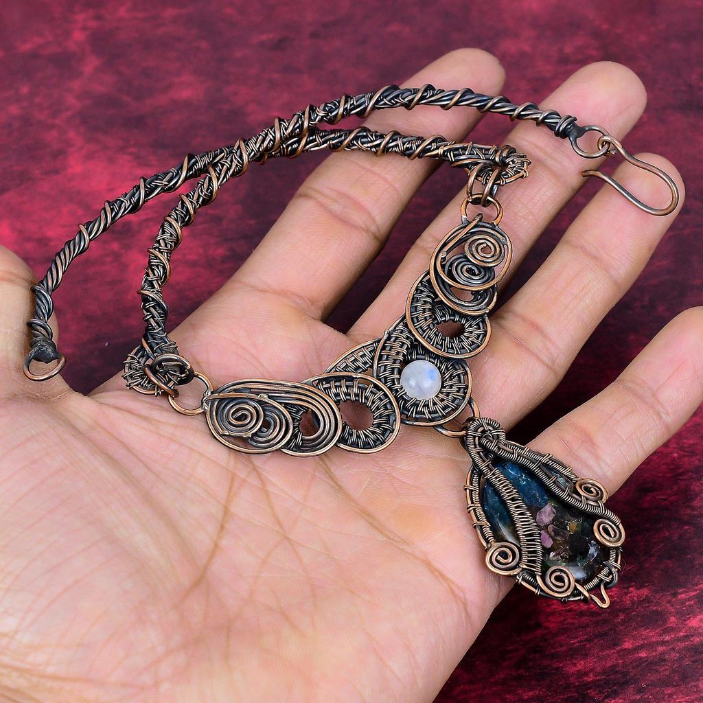 Copper watermelon tourmaline necklace copper wire wrapped gemstone necklace rainbow moonstone necklace handmade copper jewelry wedding gifts